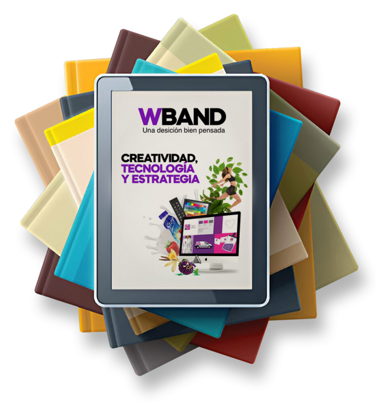 Pila de tablets digitales mostrando la portada de un e-book de WBAND con el título 'Creatividad, Tecnología y Estrategia'.