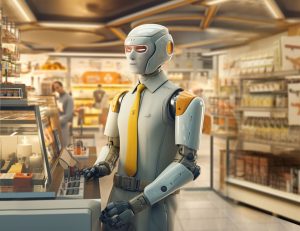 Robot humanoide automatizando un proceso de venta en supermercado, ilustrando la automatización en el cierre de leads.