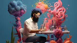 Creativo escribiendo en laptop con explosión visual de ideas y colores, ilustrando el poder del copywriting y la creatividad.